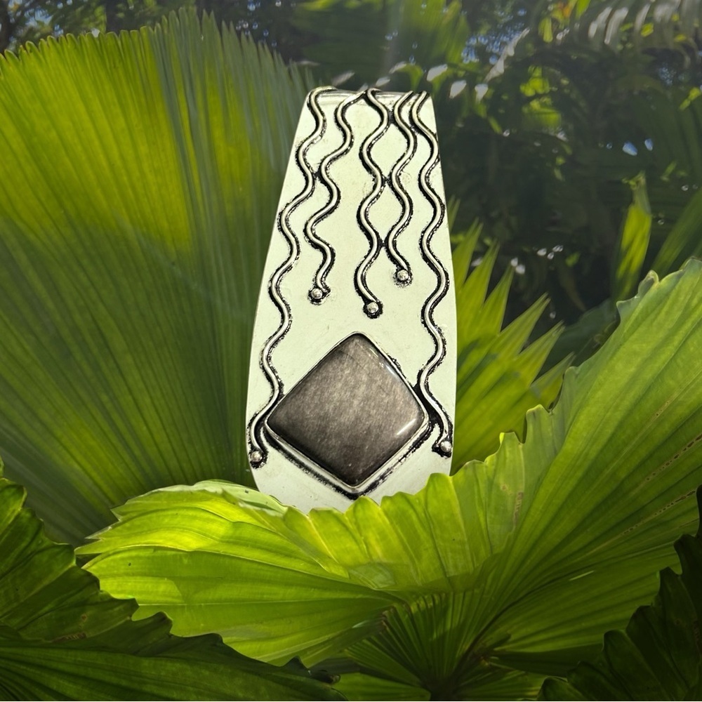 Hand Crafted SILVER SHEEN OBSIDIAN Silver-Tone Necklace Art Deco Style